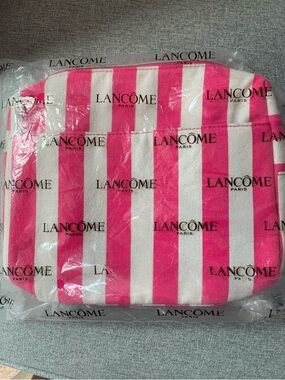 NWT Lancome Cosmetics Bag Pink White Candy Stripe Insulated Travel Vacation